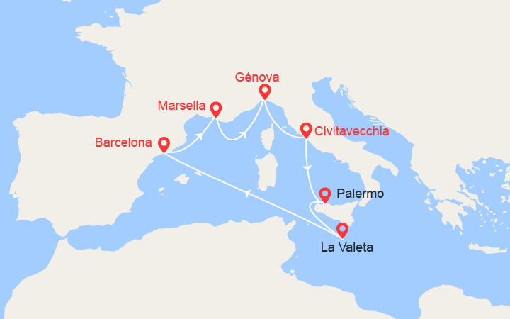 Escalas Francia, Italia, Malta 