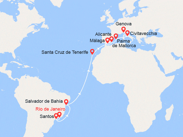 itinéraire croisière Transatlántico : Brasil, España, Italia