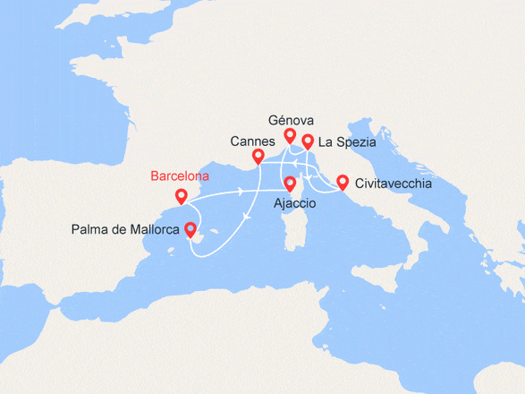 itinéraire croisière Mediterráneo Occidental : España, Francia, Italia