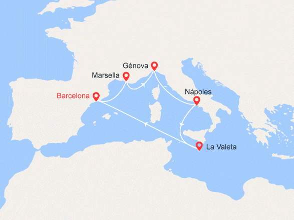 itinéraire croisière Mediterráneo Occidental : España, Francia, Italia, Malta