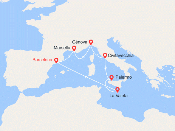 itinéraire croisière Mediterráneo Occidental : España, Francia, Italia, Malta