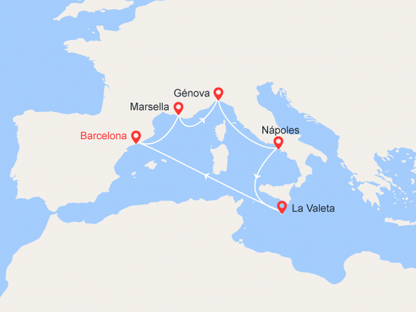 itinéraire croisière Mediterráneo Occidental : España, Francia, Italia, Malta 