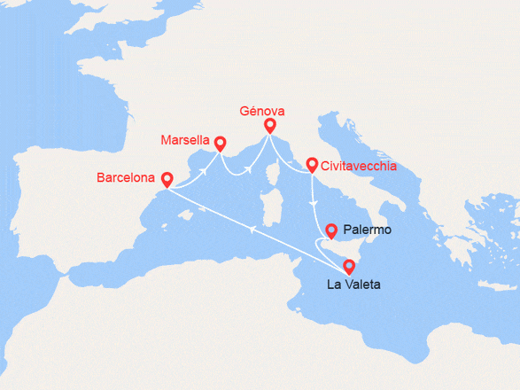itinéraire croisière Mediterráneo Occidental : Francia, Italia, Malta