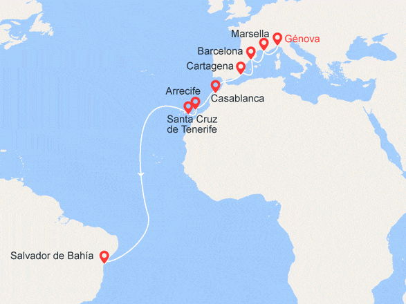 itinéraire croisière Transatlántico : Italia, Francia, España, Marruecos, Brasil