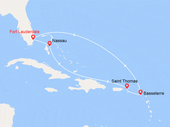 itinéraire croisière Caribe : St Kitts, St Thomas, Bahamas