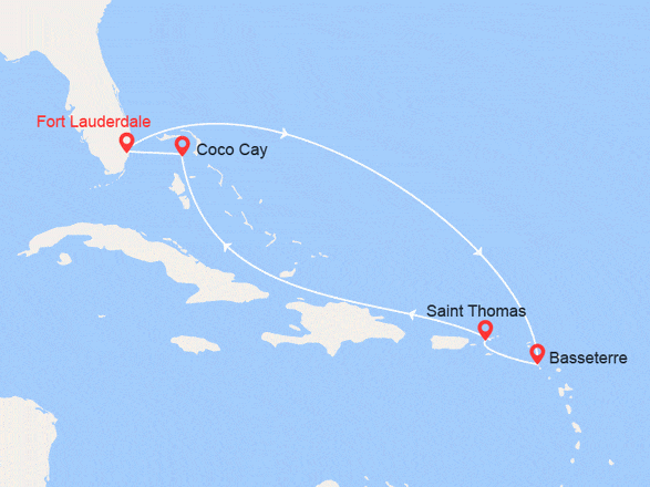 itinéraire croisière Caribe : St Kitts, St Thomas, Bahamas