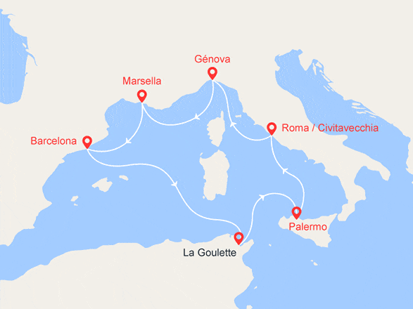 itinéraire croisière Mediterráneo Occidental : Túnez, Italia, Francia