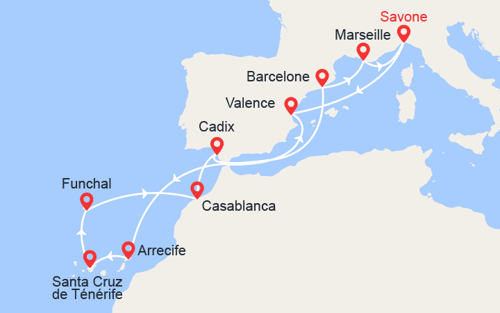 Itinéraire  Italie, Espagne, Canaries, Madère, Maroc 