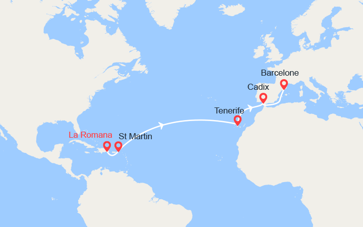 itinéraire croisière Transatlantique : Antilles, Canaries, Espagne 