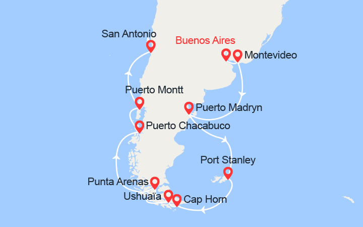 itinéraire croisière Amérique du Sud : Argentine, Uruguay, Iles Falkland, Chili 