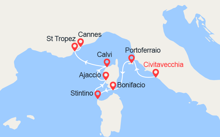 itinéraire croisière Méditerranée : Corse, Sardaigne & Côte d'Azur : de Rome à Cannes 