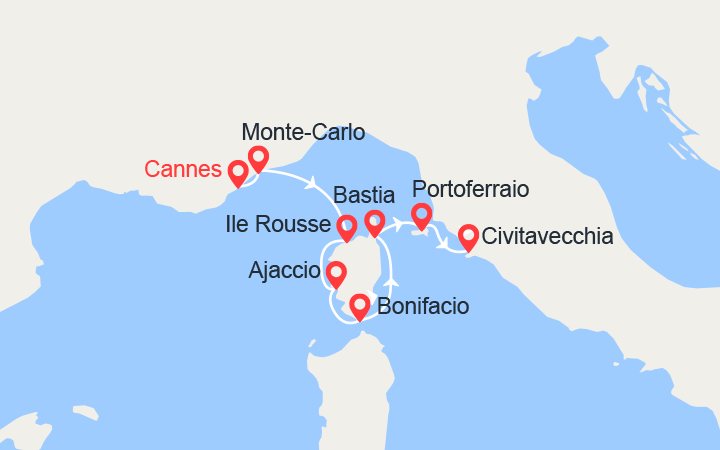 itinéraire croisière Méditerranée : Côte d'Azur, Corse & l'île d'Elbe : de Cannes à Rome 