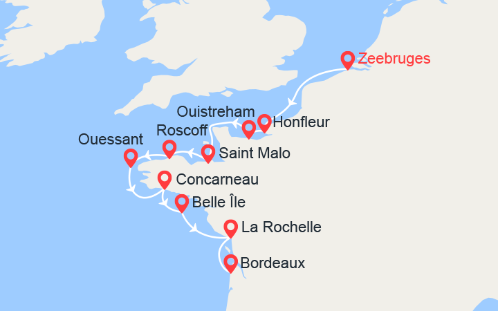 Itinéraire Côtes normandes et bretonnes, entre Honfleur et Bordeaux 