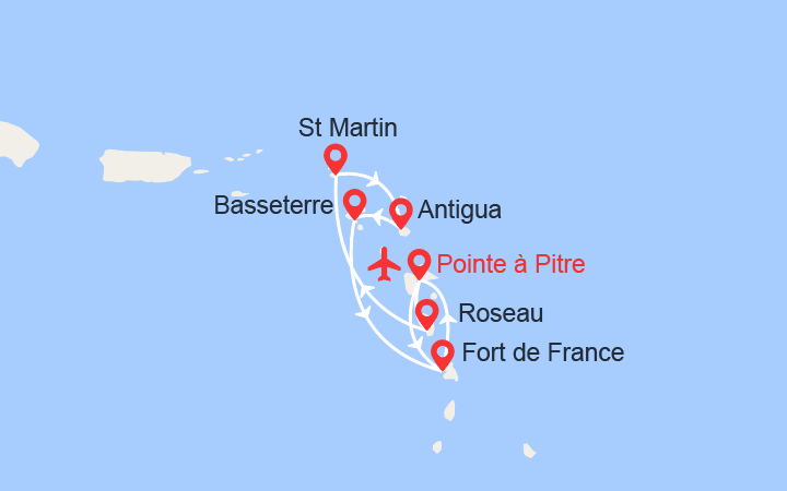 itinéraire croisière Caraïbes et Antilles : Dominique, St Maarten, Antigua, St Kitts, Martinique - Vols inclus 