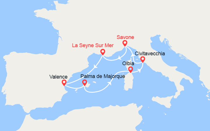 itinéraire croisière Méditerranée Occidentale : Espagne, Baléares, Italie