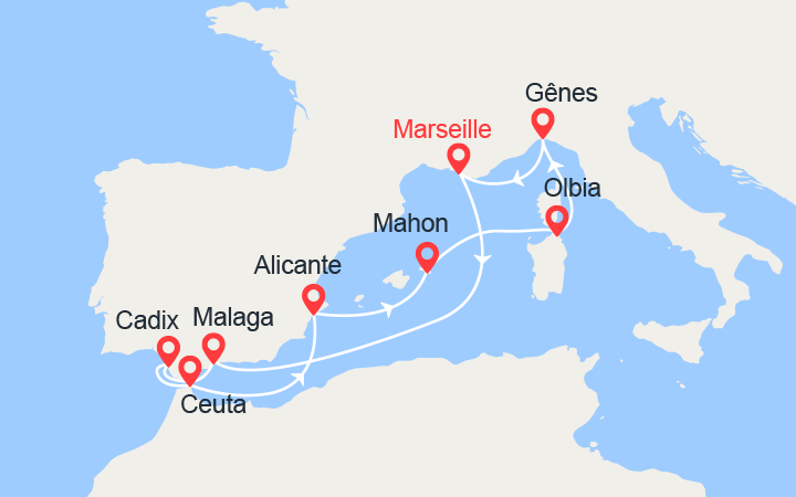 itinéraire croisière Méditerranée Occidentale - Iles Baléares : Espagne, Minorque, Italie  