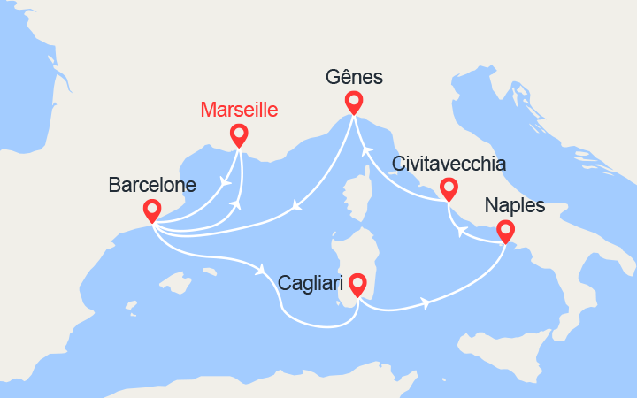 itinéraire croisière Méditerranée Occidentale : Espagne, Sardaigne, Italie 