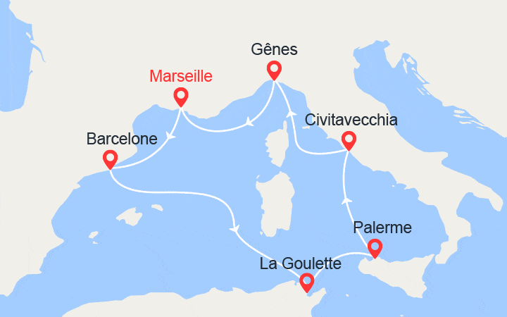 itinéraire croisière Méditerranée Occidentale : Espagne, Tunisie, Italie 
