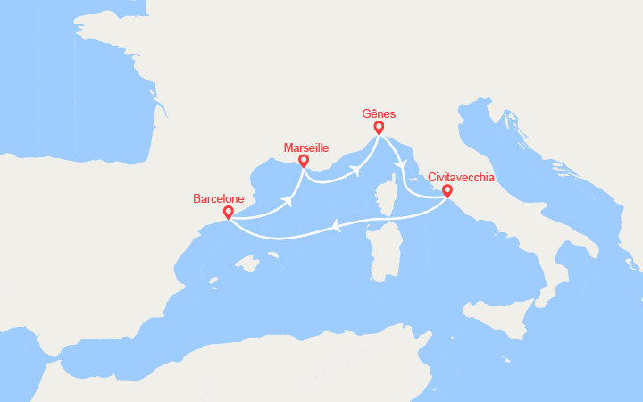 Carte itinéraire croisière espagne france italie