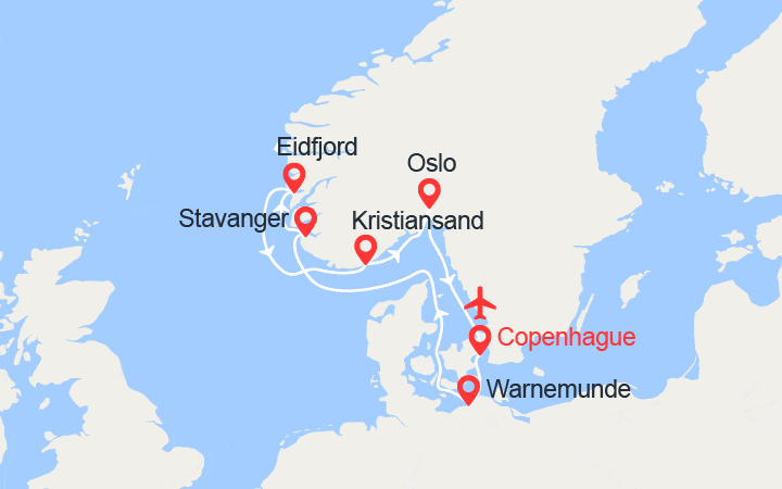 itinéraire croisière Fjords : Fjords : Stavanger, Eidfjord, Kristiansand, Oslo - Vols inclus