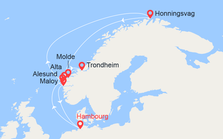 Itinéraire Fjords de la Norvège & Cap Nord: Alesund, Honningsvag, Alta, Trondheim... 