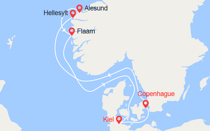 Carte itinéraire croisière Fjords de Norvège : Geiranger, Alesund, Flam