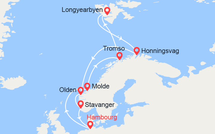 itinéraire croisière Fjords : Fjords Norvegiens, Spitsbergen, Cap Nord 