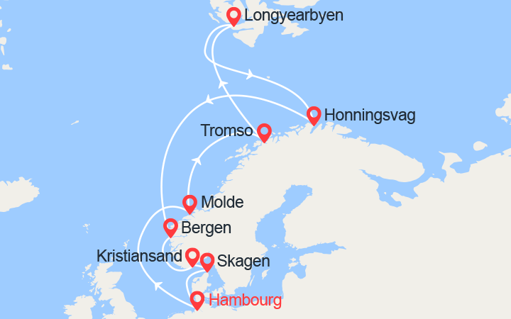 itinéraire croisière Fjords : Fjords Norvégiens, Spitsbergen, Cap Nord 
