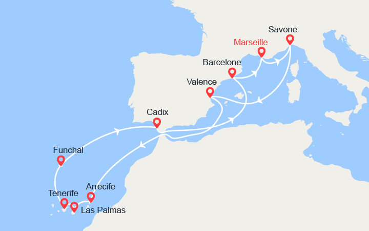 itinéraire croisière Méditerranée Occidentale : France, Italie, Espagne, Canaries, Madère 