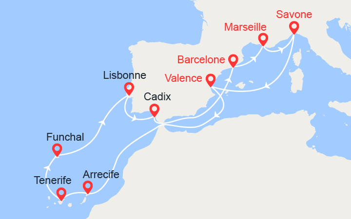 Itinéraire France, Italie, Espagne, Canaries, Madère, Portugal 