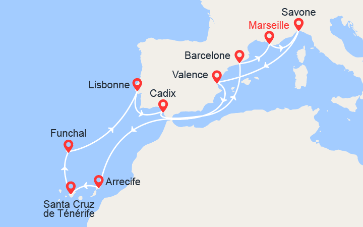 Itinéraire France, Italie, Espagne, Canaries, Madère, Portugal 