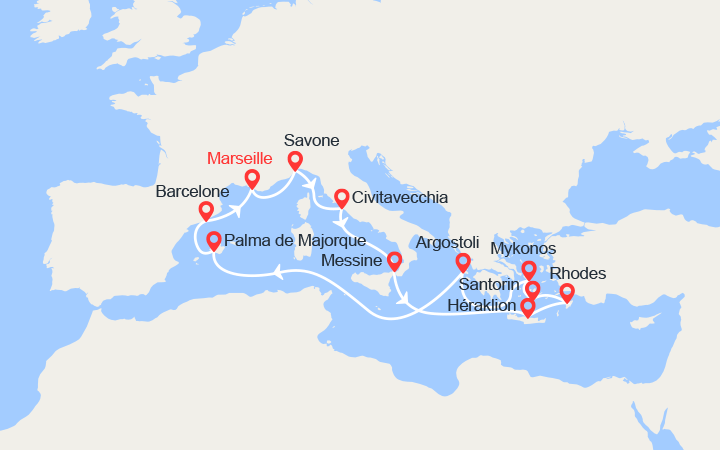 itinéraire croisière Iles Baléares - Iles grecques : France, Italie, Grèce, Baléares, Espagne 