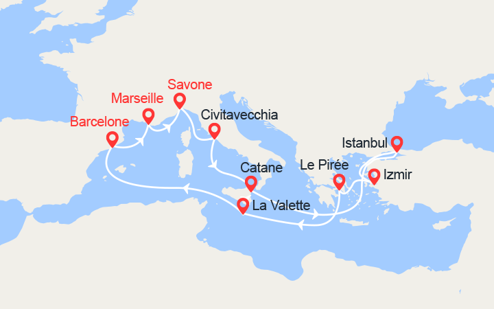 itinéraire croisière Méditerranée Orientale : France, Italie, Turquie, Grèce, Malte, Espagne 