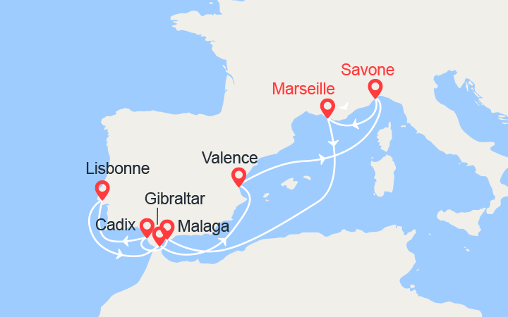 itinéraire croisière Méditerranée Occidentale : France, Malaga, Cadix, Lisbonne, Gibraltar, Italie 