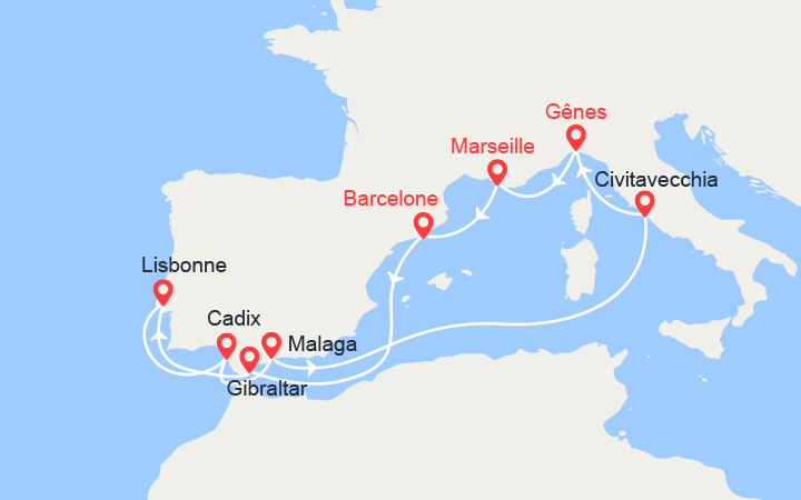 itinéraire croisière Méditerranée Occidentale : Gibraltar, Portugal, Espagne, Italie 