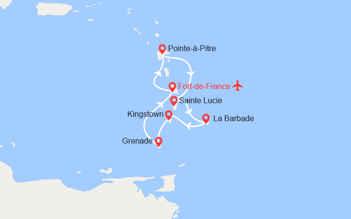 itinéraire croisière Caraïbes et Antilles : Guadeloupe, Ste Lucie, La Barbade, St Vincent, Grenade - Vols inclus 