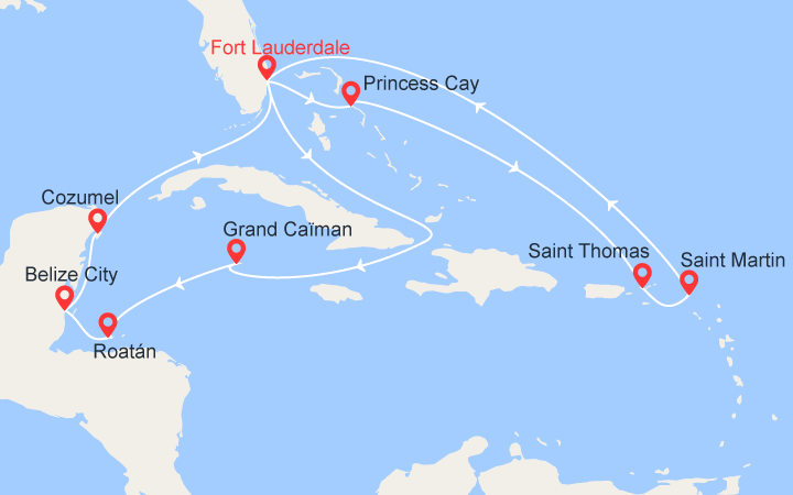 Itinéraire Iles Caïman, Honduras, Belize, Mexique, Bahamas, Iles Vierges... 