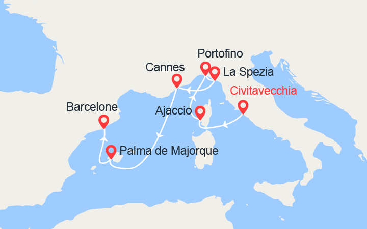 Itinéraire Italie, Corse, Côte d'Azur, Baléares, Espagne 