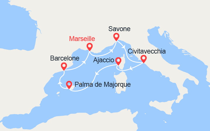 itinéraire croisière Iles Baléares : Italie, Corse, Majorque, Barcelone 