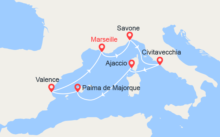 itinéraire croisière Iles Baléares : Italie, Corse, Majorque, Espagne 