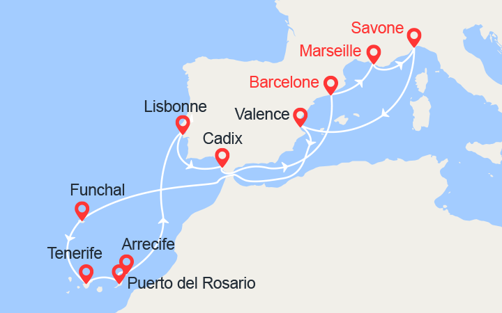 Itinéraire Italie, Espagne, Madère, Canaries, Portugal 