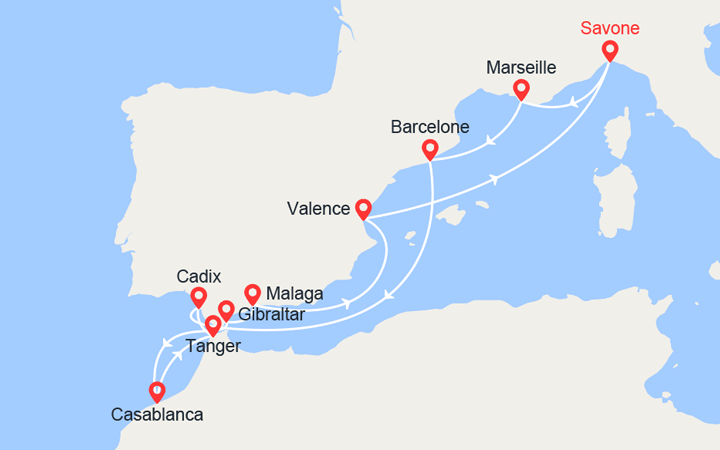 Itinéraire Italie, France, Espagne, Maroc, Gibraltar 