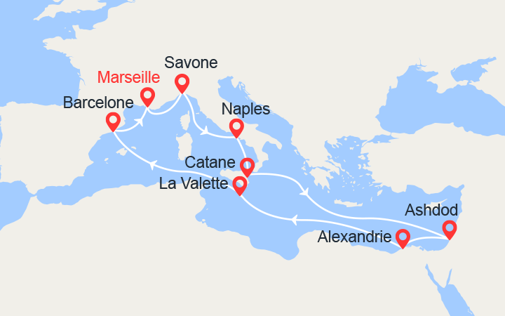 itinéraire croisière Méditerranée Orientale : Italie, Israël, Egypte, Malte, Espagne 