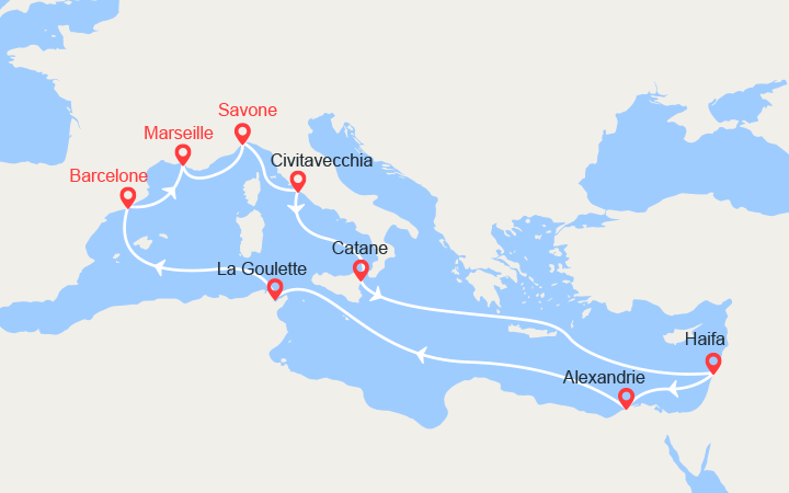 itinéraire croisière Méditerranée Orientale : Italie, Israël, Egypte, Tunisie 