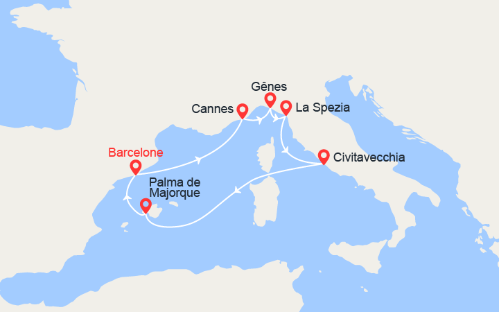 Itinéraire Italie, Majorque, Espagne, Côte d'Azur 