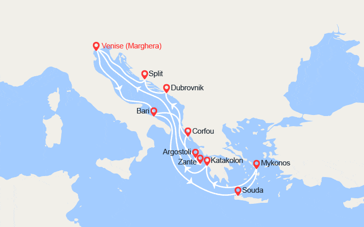 Carte itinéraire croisière Italie, Grèce, Croatie : Venise, Mykonos, Corfou, Split...