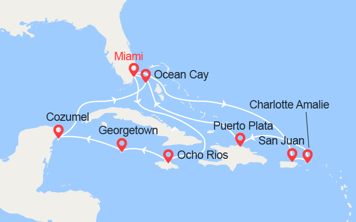 Itinéraire Jamaïque, Caïman, Cozumel, Bahamas, Porto Rico, St Thomas, Rép Dominicaine 