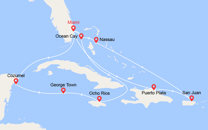 itinéraire croisière Caraïbes et Antilles : Jamaïque, Caïmans, Mexique, Rép Dominicaine, Porto Rico, Bahamas 