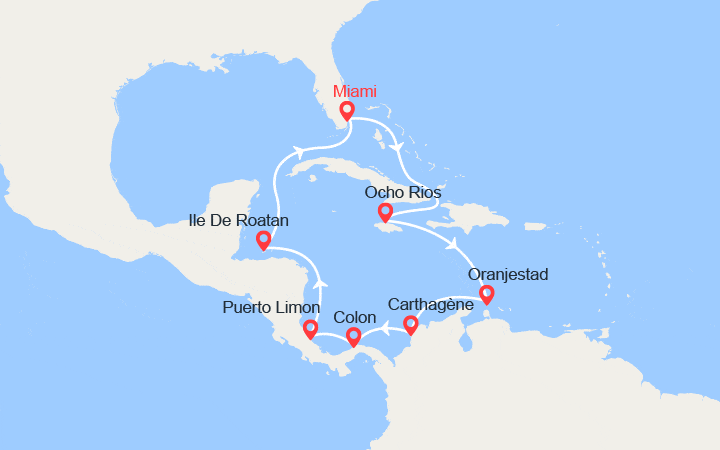 Carte itinéraire croisière jamaique aruba colombie panama costa rica honduras