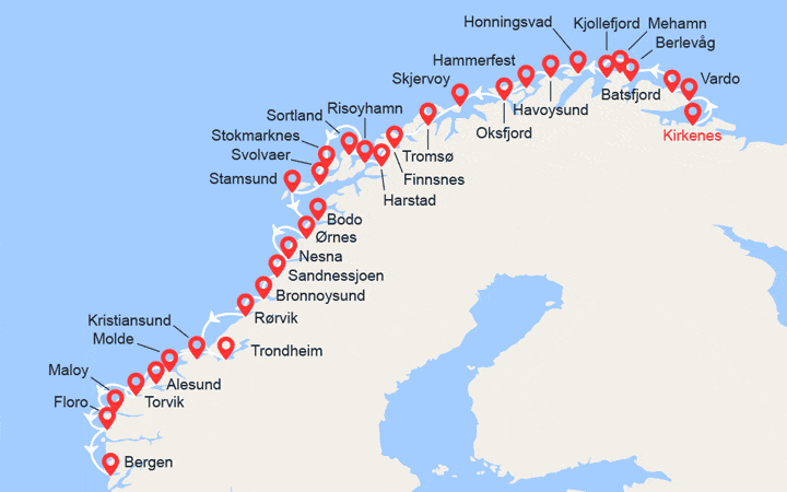 itinéraire croisière Fjords - Fjords : La Norvège du Nord au Sud: de Kirkenes à Bergen 